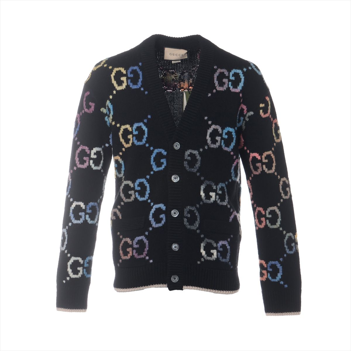 【中古】グッチ GGジャカード 22AW ウール×アクリル カーディガン XS メンズ ブラック×マルチカラー 694776 毛羽立ちあり