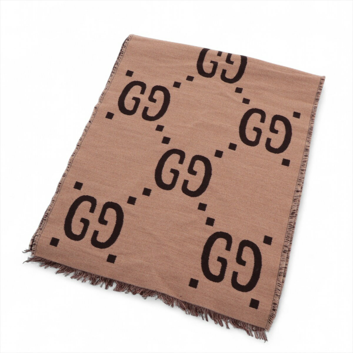 【中古】グッチ 495592 GGジャカード マフラー ウール×シルク ベージュ×ブラウン