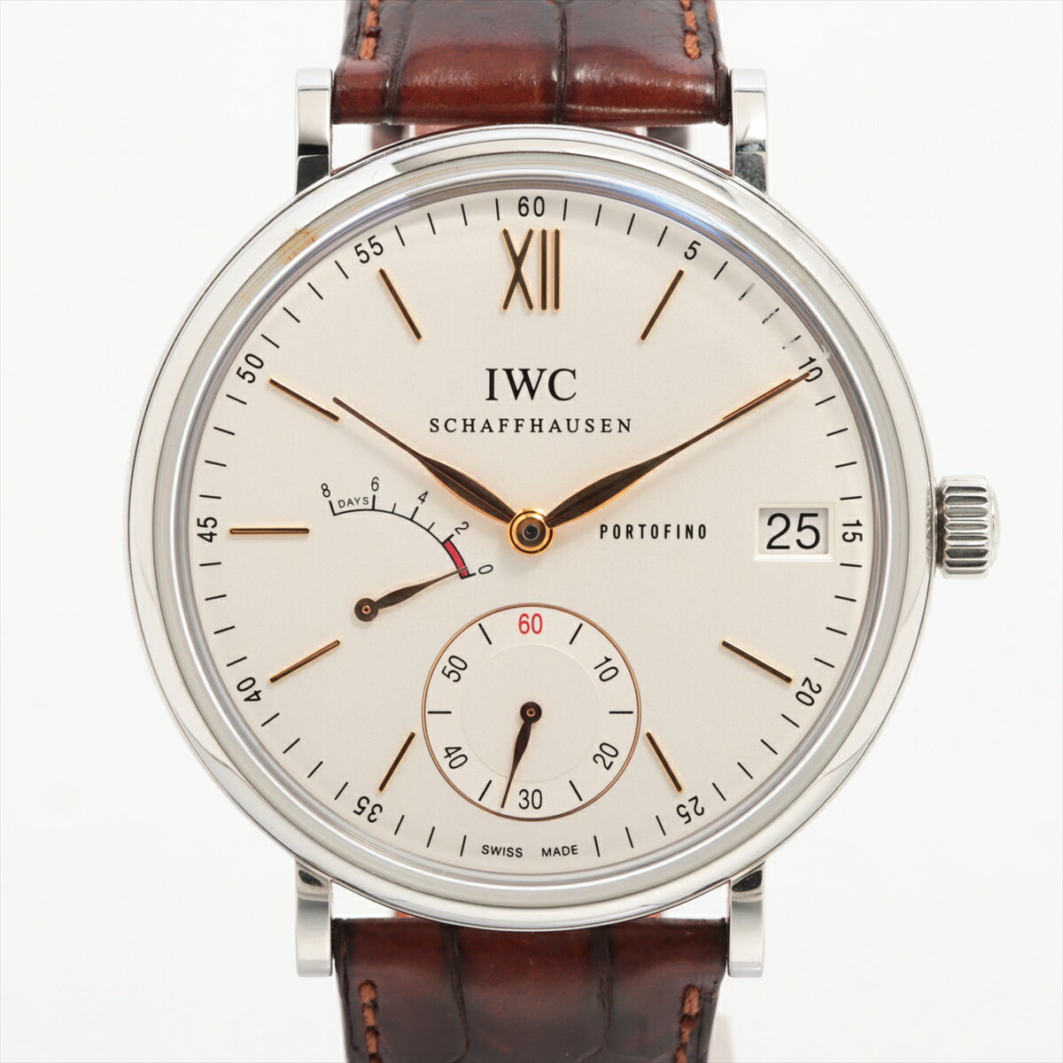 【中古】IWC ポートフィノ ハンドワインド 8DAYS IW510103 SS SS×革 手巻き シルバー文字盤