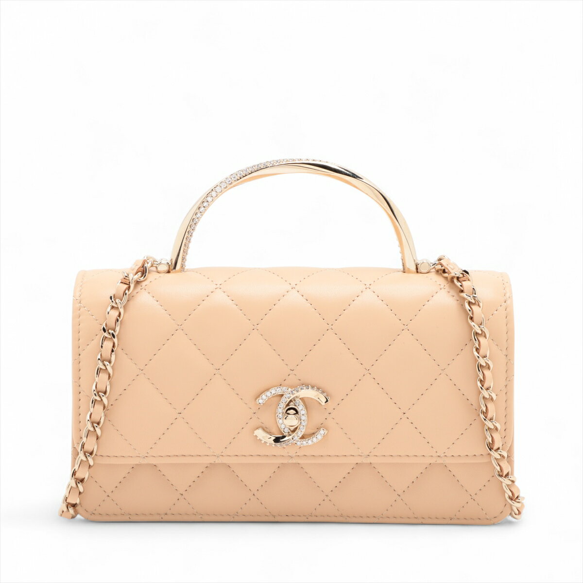 【中古】シャネル マトラッセ ラムスキン チェーンウォレット トップハンドル ラインストーン ベージュ ゴールド金具 ランダムシリアルのサムネイル
