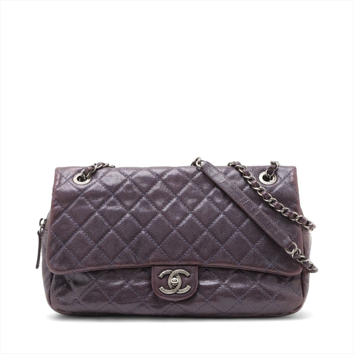 CHANEL - 【中古】シャネル デカマトラッセ キャビアスキン シングルフラップ ダブルチェーンバッグ パープル ガンメタリック金具 16番台