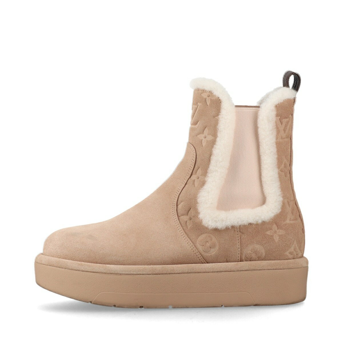 【中古】ヴィトン アスペンライン 25年 スエード サイドゴアブーツ 37 レディース ベージュ NL0295 モノグラム ボア 厚底 右足ライニング補修あり インソールにヨゴレと剥げあり