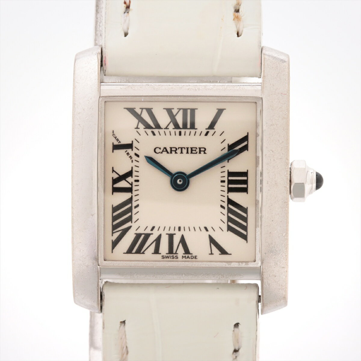 【中古】カルティエ タンクフランセーズSM W5001256 WG WG×革 QZ アイボリー文字盤