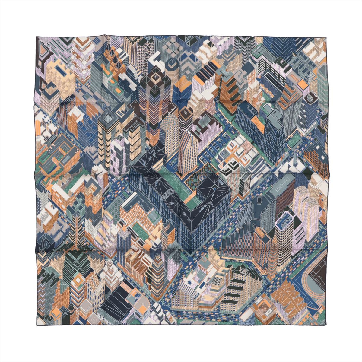 【中古】エルメス カレ90 PANTIN CITY パンタンシティ スカーフ シルク ネイビーのサムネイル