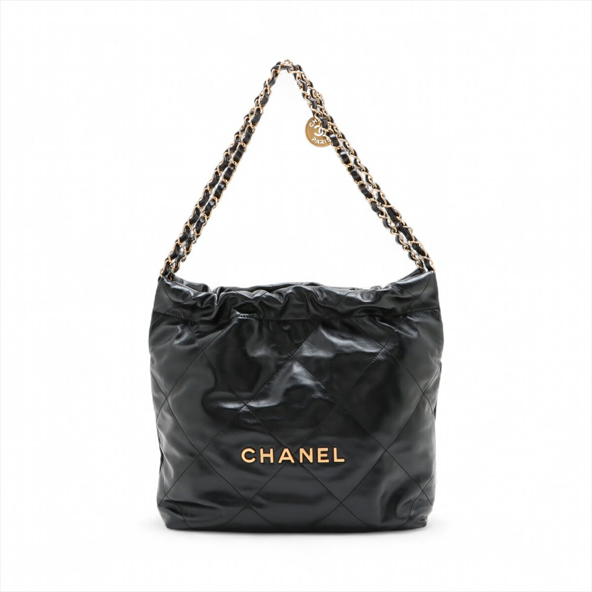 【中古】シャネル シャネル22 スモール シャイニーカーフスキン チェーンショルダーバッグ ブラック ゴールド金具 ランダムプレート AS3260