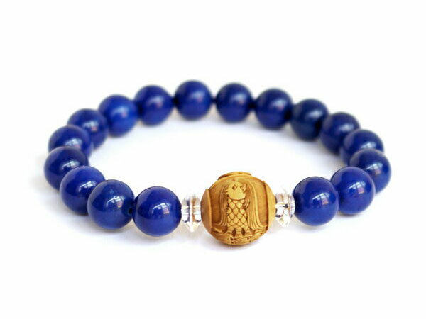 柘植彫刻「アマビエ」ラピス・ラズリ ブレスレット【送料無料】柘植材15mm玉に「アマビエ」を彫刻