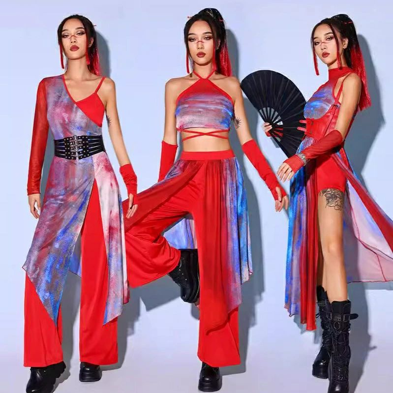 タイダイ柄 ダンス衣装 赤 セットアップ 大人 レディース チャイナ風 アイドル衣装 中華風 ジャズダンス 演出服 派手 DSダンス ヒップ..