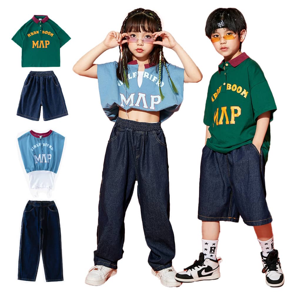 樂天商城 - ダンス 練習着 キッズ セットアップ 子供服 ポロシャツ デニムパンツ キッズダンス衣装 セットアップ 子ども服 ヒップホップ 衣装 練習着 女の子 男の子 ダンス衣装 子供ダンス セットアップ トップス 半袖 ズボン 水色 緑 紺