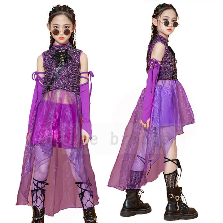 キッズ ダンス 衣装 スパンコール セットアップ 派手 おしゃれ 子供ダンス 韓国風 ダンス衣装 女の子 ジャズダンス 衣装 ガールズ ヒップホップ JAZZ 演出服 hiphop ステージ 舞台用 パープル キラキラ チアガール ダンスウェア ショー 110-170cm