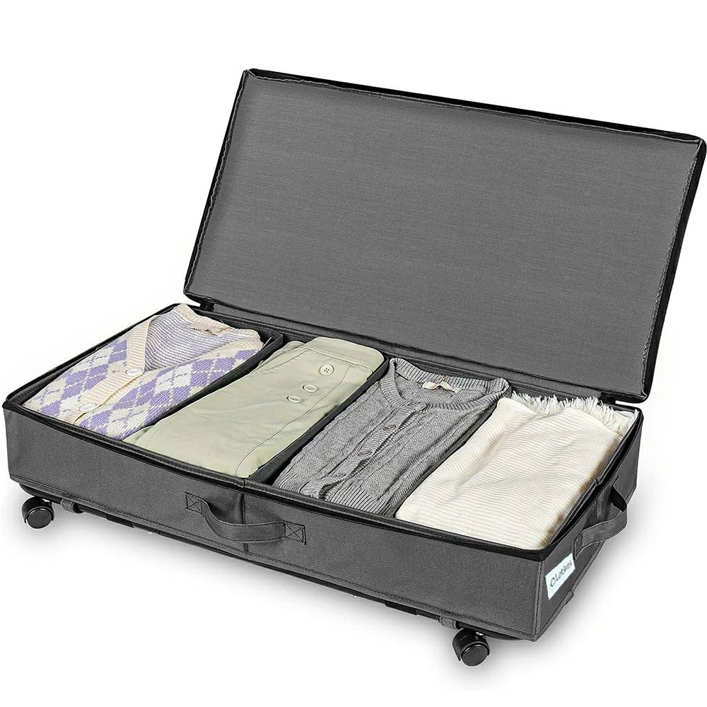 ベッド下収納ボックス ホイール付き 衣類 靴収納ボックス 折りたたみ式 ベッド下ストレージコンテナ キャスター付き ベッド下収納ボックス ハンドルと調節可能な仕切り付き グレー 1点セット