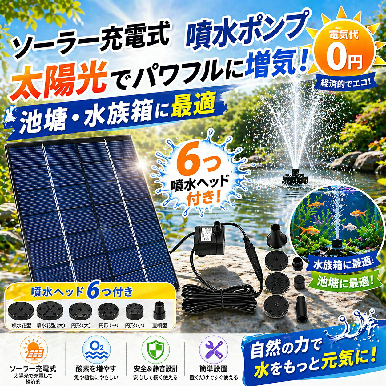 ソーラーエアーポンプ 池 水槽 ソーラー エアポンプ ソーラー噴水ポンプ 太陽光充電式エアポンプ 噴水ポンプ ソーラー メダカのエアーレーション 池ポンプ 防水 ソーラーパネル 各種水槽の酸素供給 エアレーション ビオトープ/庭池/屋外/生け簀/アクアリウム/魚タンク