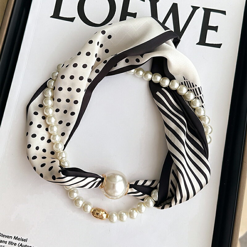 シルクスカーフ パールネックレス マグネット留め具付き 小さめ ネックガード レディース ネックデコレ..