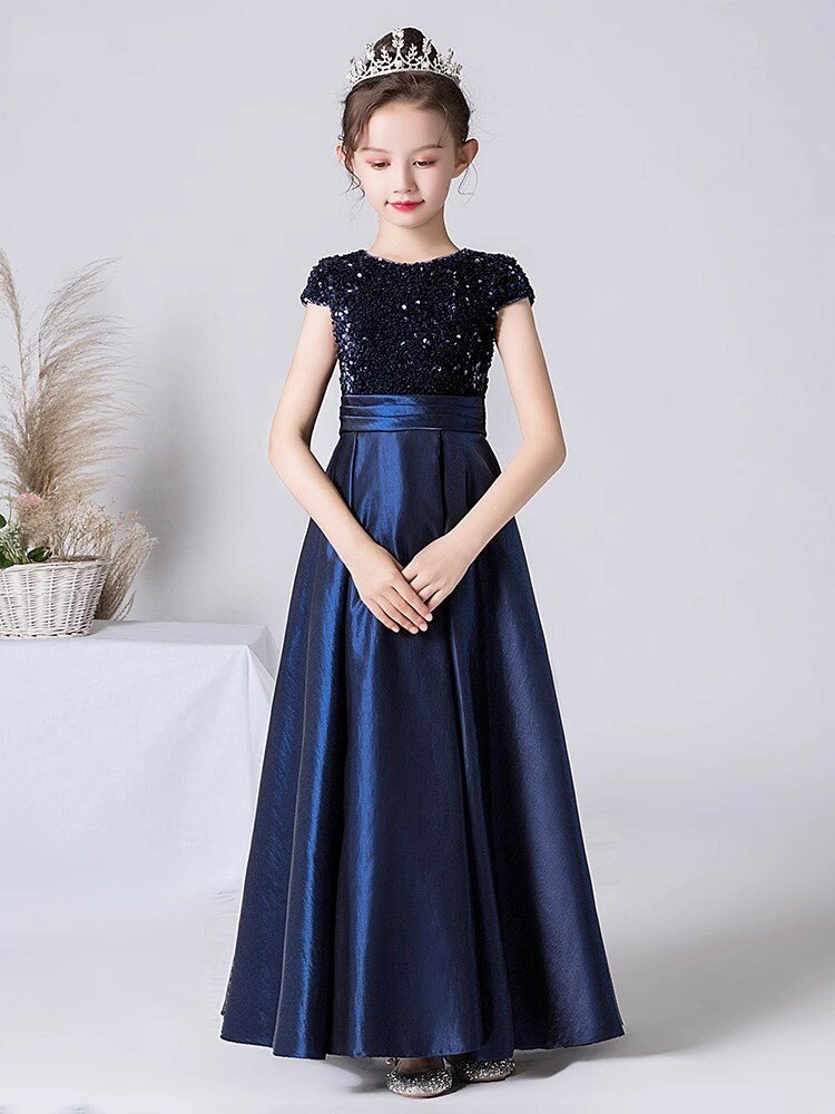 キッズドレス 子供ドレス ネイビー 紺色 スパンコール ドレス キラキラ 黒 ブラック ロングドレス サテン 子供 ピアノ発表会 ワイン赤 赤 女児ドレス 演奏会ドレス 緑 半袖 ロング丈