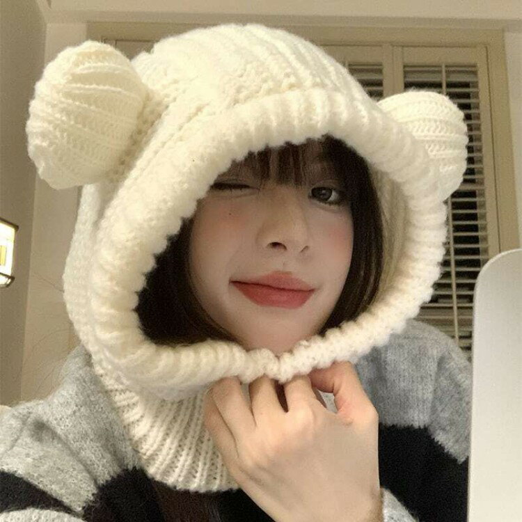 レディース 全3色 くま耳 ニット帽 スヌード アニマル ネックウォーマー バラクラバ リブニット フード..