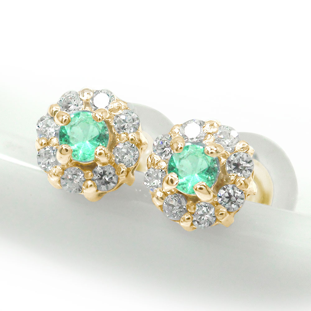 ピアス10金エメラルド取り巻きフラ...