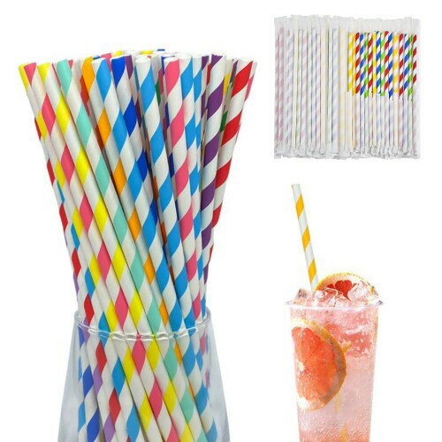 紙ストロー ストライプ 紙ストロー 使い捨て 可愛い カ 生分解性 ジュース カクテル スムージー 誕生日 クリスマス パーティーグッズ 家庭用 業務用（100個入り）