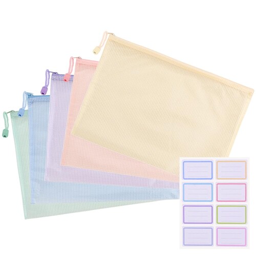 ESJNNK ジッパー式ファイル袋 5色セット A5 ジッパー付き袋 書類ケース 連絡袋 クリア 小学生 メッシュ..