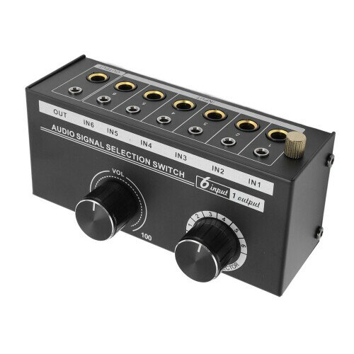 6チャンネルオーディオスイッチャー、3.5mm 6.35mm 6入力1出力サウンドスイッチャー、ボリュームコントロールを備えたオーディオセレクタースイッチャー、スピーカーヘッドフォンサブウ