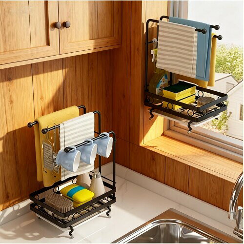 JYSFOVRLV スポンジラック シンク収納 さびにくい重鋼製 水切り速乾 お手入れ簡単 ブラック