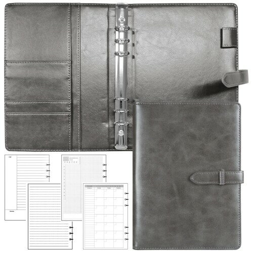 システム手帳 a5 6穴 リング21mm PUレザー リフィル付き スタンダードタイプ ビジネス プライベート 能率アップ ノート メモ帳 卒業記念品 就職 誕生日 父の日 oToday (C グレー)