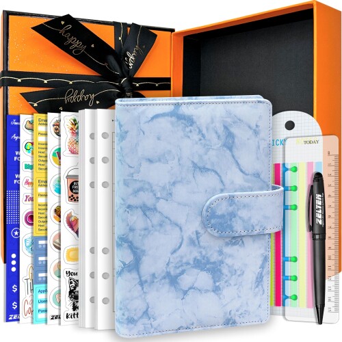 PUレザーパーソナルノートプランナー67ページ付きプランナーペーパー6穴リングバインダーペンホルダー磁気バックル (Blue Marble, A6 Gift B...