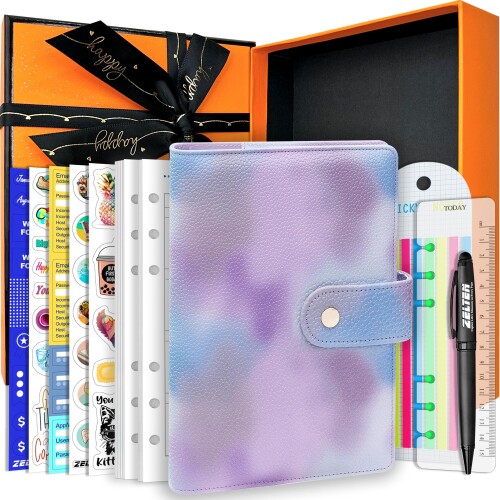 PUレザーパーソナルノートプランナー67ページ付きプランナーペーパー6穴リングバインダーペンホルダー磁気バックル (Purple Dream, A6 Gift ...
