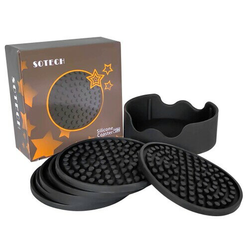 SOTECH コースター シリコン - 厚い、滑り止め、非粘着、断熱のカップマット、洗浄しやすい ドリンクとホームテーブル滑り止め対応(6個セット 丸形 ホルダー付き)