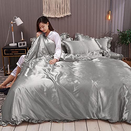 布団カバー セット シルクみたい艶 ツルツル 冷感 フリル 春夏 シングル セミダブル シルクレーヨン素材 ずれ防止 肌に優しい ボックスシーツ 寝具カバーセット 掛け布団カバー 通気性
