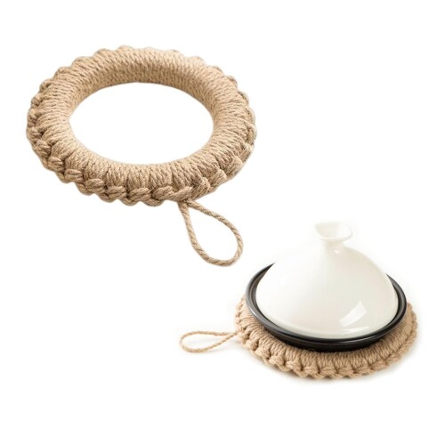 釜敷き なべしき おしゃれ 耐熱 内径12cm 釜敷き 亜麻草編み フック付き 自然素材 手編み 滑り止め 壁掛け（中：内径約12cm）