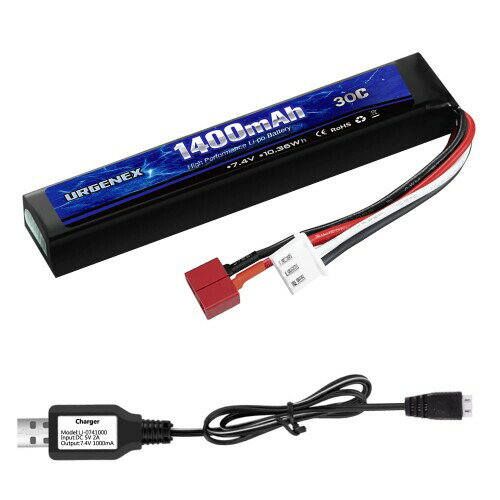 URGENEX Airsoft Battery 7.4V 1400mAh Lipo Battery with Deans T Plug 30C High Discharge Rate Rechargeable 2S Lipo Battery for Airsoft Model