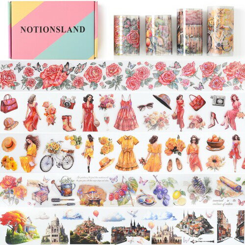 NOTIONSLAND マスキングテープ 可愛い 美し 花 女の子 城です 手帳 DIY 和紙 透明PET テープ 広幅 (4巻ギフトボックス)