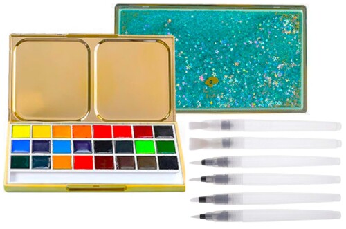 水彩絵の具セット 水彩ペン6本 おしゃれ かわいい 立体流砂パレット 野外スケッチ 携帯 トラベルセット 大人 子供 プレゼント 水筆 ウォーターブラシ 24色...