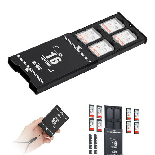 KIWIFOTOS メモリーカードケース 薄型 8枚 SD SDHC SDXC カード + 8枚 Micro SD TF MSDカード 収納可能 大容量 SDカードケース マイクロSDカードケース 軽量 携帯便利 落下防止ロープ付き ブラック