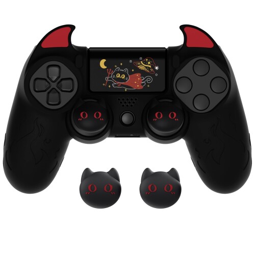 PlayVital ps4コントローラー対応用可愛い悪魔スタイルシリコンカバー サムグリップやステッカーシール付属 ps4 Slimコントローラー対応用可愛い滑り止めシリコンカバーグリップ ps4 Proコン