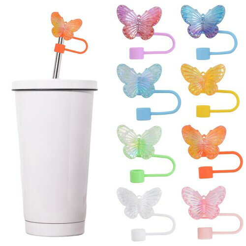 HOMMDECO点滅バタフライストロープラグ8PCSカラフル防塵シールカラフルバタフライストロースリーブカップデコレーション(9-10mmストローに適しています...