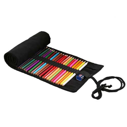 Hitasi 色鉛筆収納バッグ 巻き型 純黒 キャンバス ロールペンケース 12/24/36/48/72穴 画筆ケース 道具..
