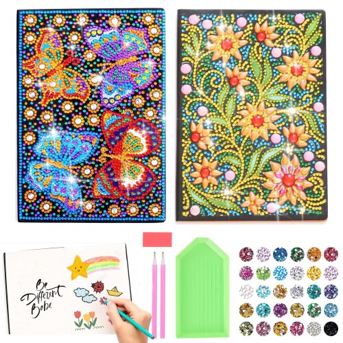 2冊セット ダイヤモンドアート 手作り デコレーション ノート 手帳 キット 5D A5 無地 日記帳 女の子向け ダイヤモンドペイント 特殊ビーズ 上質紙 メモ帳 工作キット 花柄 オシャレ 誕生