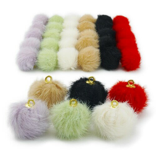 ファーボール カン付き 16mm 6色36個セット アイボリー アクセサリーパーツ (ブラック・レッド・パープル・グリーン・ブラウン)