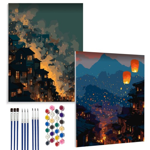 ペイントバイナンバー 2枚セット 数字油絵 キャンバス DIY絵画キット 大人の塗り絵...