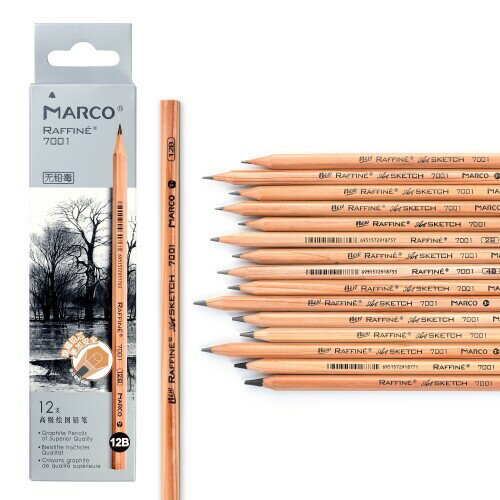Marco 7001 木製鉛筆 デッサン用エンピツ プロフェッショナル スケッチ用木製鉛筆 六角軸 (7001-12B, 12)