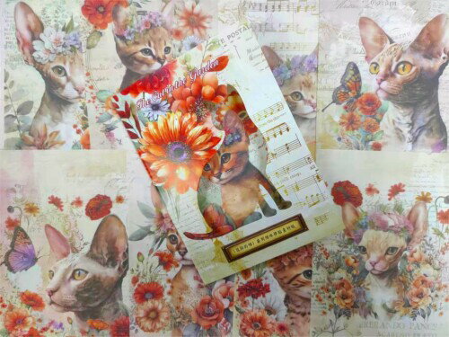 コラージュ 素材 デザインペーパー 庭の猫シリーズ 140*100mm 10絵柄 30枚 猫モチーフ 素材紙 詰め合わせ 背景紙 コラージュノート 手帳 デコレ...