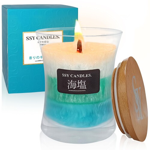 FCMSHAMD アロマキャンドル L ジャーキャンドル 海塩の香り アロマ ろうそく ロウソク 木の芯 ガラスの..