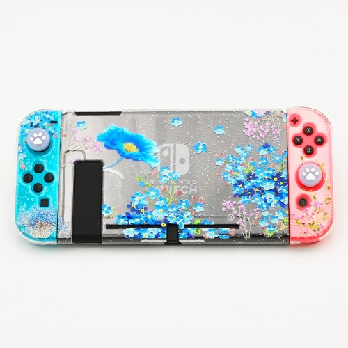 RDFJ Switch専用フルーカバー NS用クリアケース 本体＋Joy-Con 全保護カバー スイッチ ハードケース PC製 キズ防止 (キラキラ紫色の花)