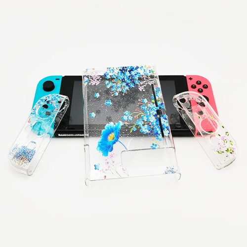 RDFJ Switch専用フルーカバー NS用クリアケース 本体＋Joy-Con 全保護カバー スイッチ ハードケース PC製 キズ防止 (キラキラ紫色の花)