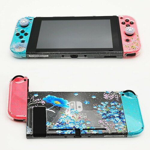 RDFJ Switch専用フルーカバー NS用クリアケース 本体＋Joy-Con 全保護カバー スイッチ ハードケース PC製 キズ防止 (キラキラ紫色の花)