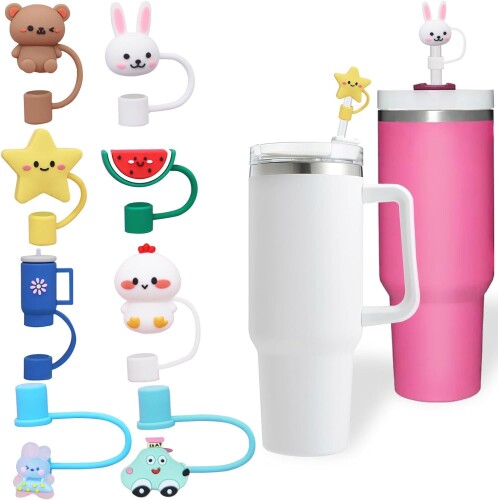 8個入ストローカバー, BetterJonny 10 mmシリカゲル 30&40 OzドラムアセンブリストローカバーTopper、動物、星、花の形、わら保護器、...