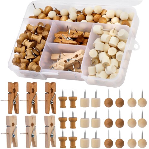 Dennty 150 Pcs 画鋲 木製クリップ 画びょう 押しピン 画鋲 4種類 入り 画びょうピン 掲示板用 ポスター 写真 Diy 地図 カレンダー 学校 事務用品 収納ケース付き