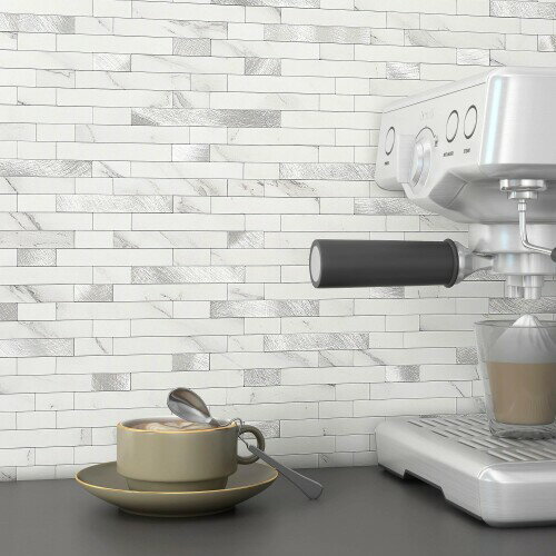 MOFIT 3D タイルシール 大理石調 キッチン・トイレ・洗面所用 壁シート 防水 DIY パネル（白と銀，5枚）