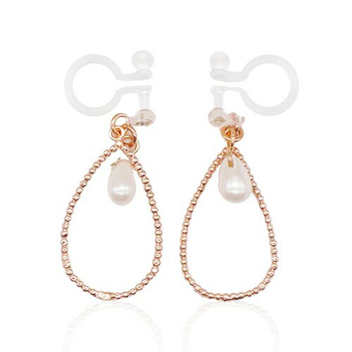 ノンホール 雫パーツにパール雫下がりの樹脂イヤリング金属アレルギー対応 (ピンクゴールド)