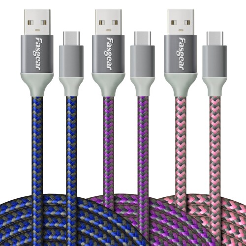 USB Cケーブル 3m - Galaxy S21/S20 Ultra/Note 10/A10, Moto Z2, LG V30/G6 & 他のUSB-Cデバイスに対応するFasgear編組耐久急速充電USB 2.0タイプCコード3本パック(3M, ブルー/パープル/ピンク)